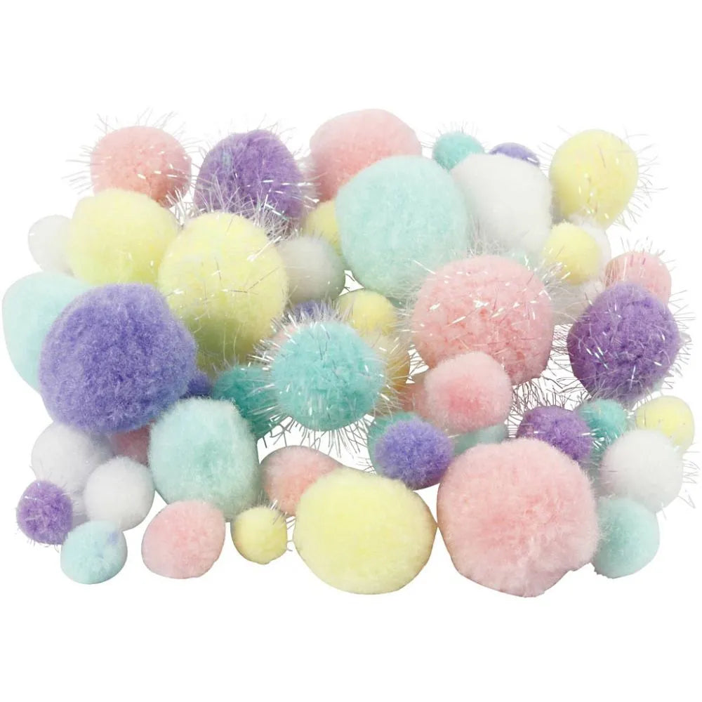 Pompoms pastelkleuren en glitter (62gram)
