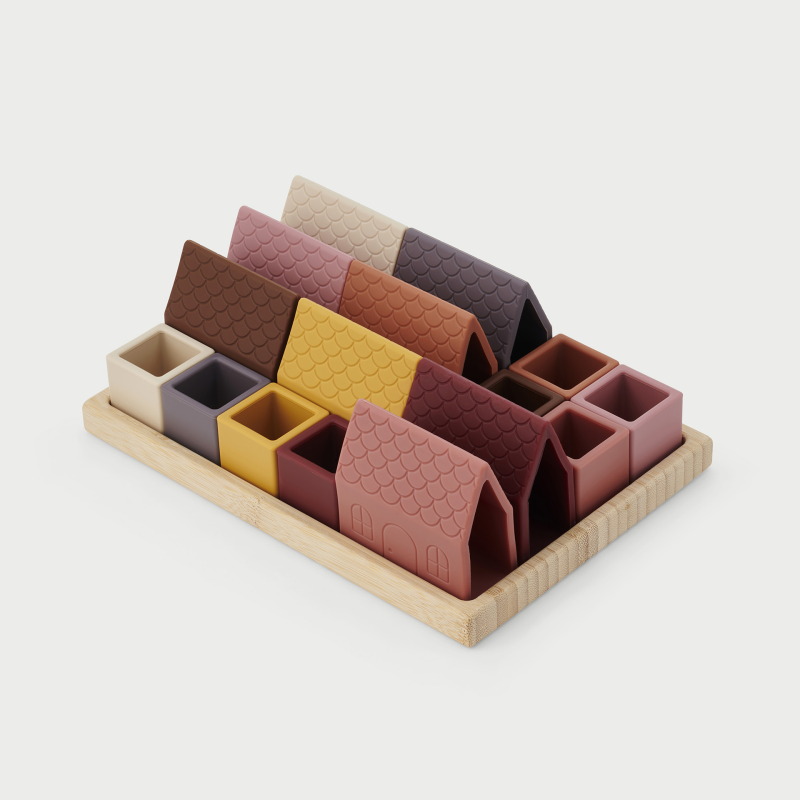 SiliSoft Dorpsblokken (Aarde) - Set van 16 + dienblad