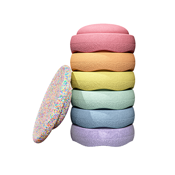 Stapelstein stapelstenen super confetti rainbow pastel 6 stuks + balance board