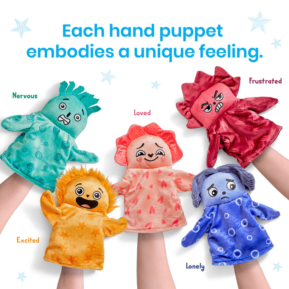 Feelings Family™ Hand puppets *Loved, Nervous, Frustrated, Lonely, and Excited