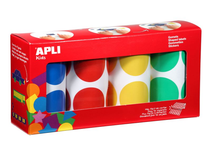 Kids Knutsel Stickers Rond 45mm 4 Rollen - Blauw/Rood/Geel/Groen