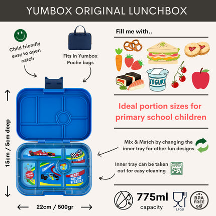 Yumbox Original 6 vakken Surf blue / Race Cars tray