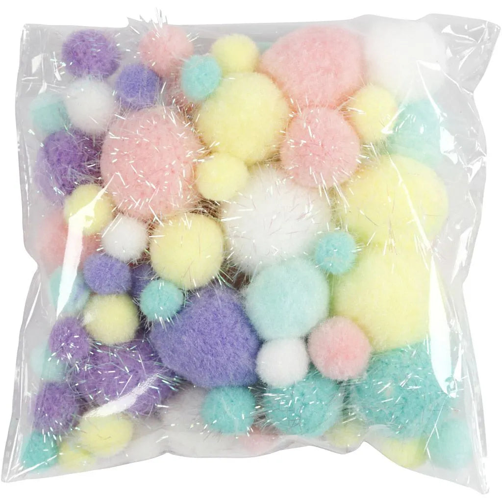 Pompoms pastelkleuren en glitter (62gram)