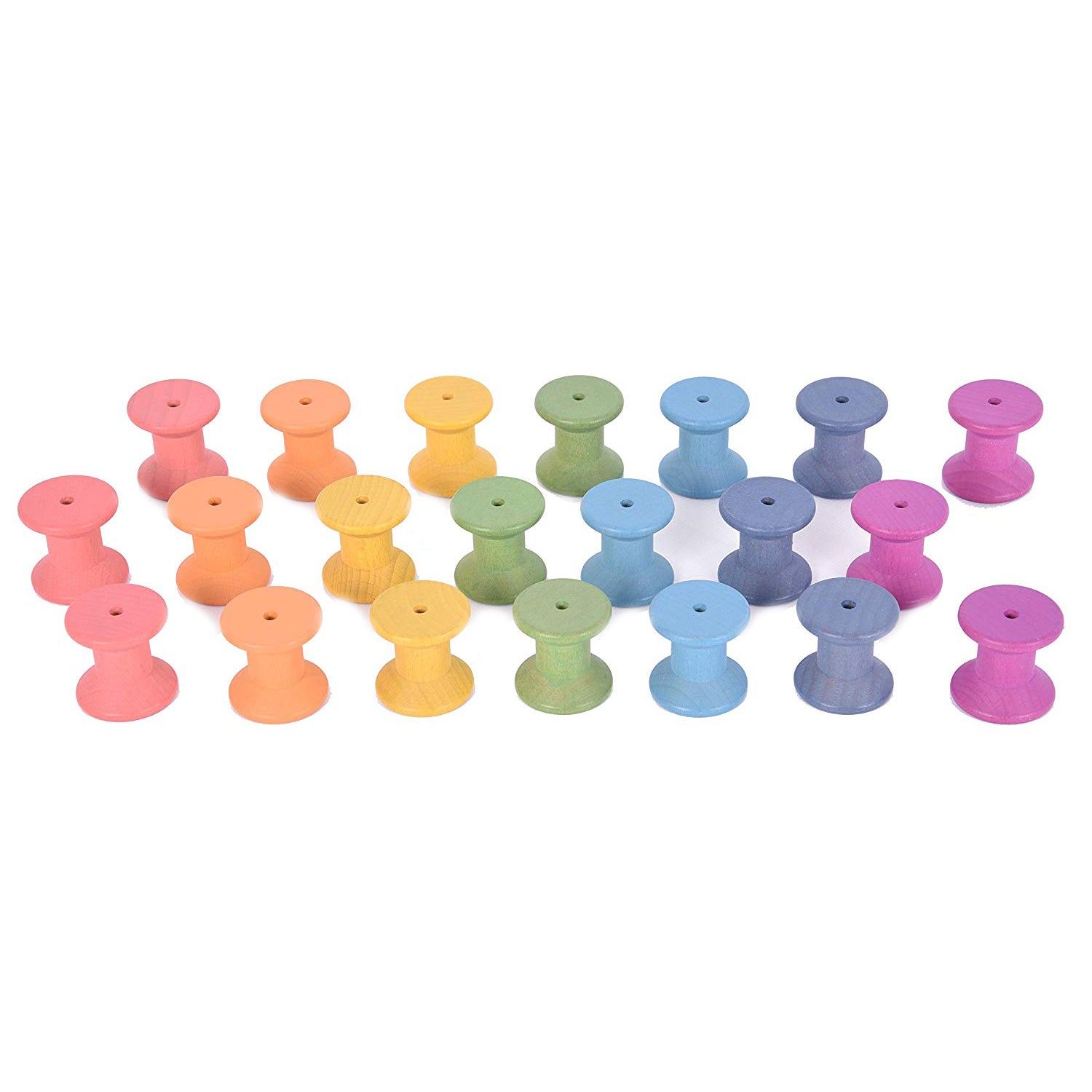 21 houten spoelen in regenboogkleuren