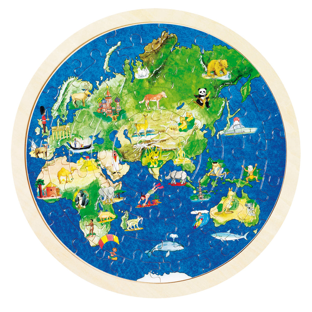Goki puzzel wereldbol 57 stukken. Aan deze kant staan Europa, Afrika en Azië bedrukt. 